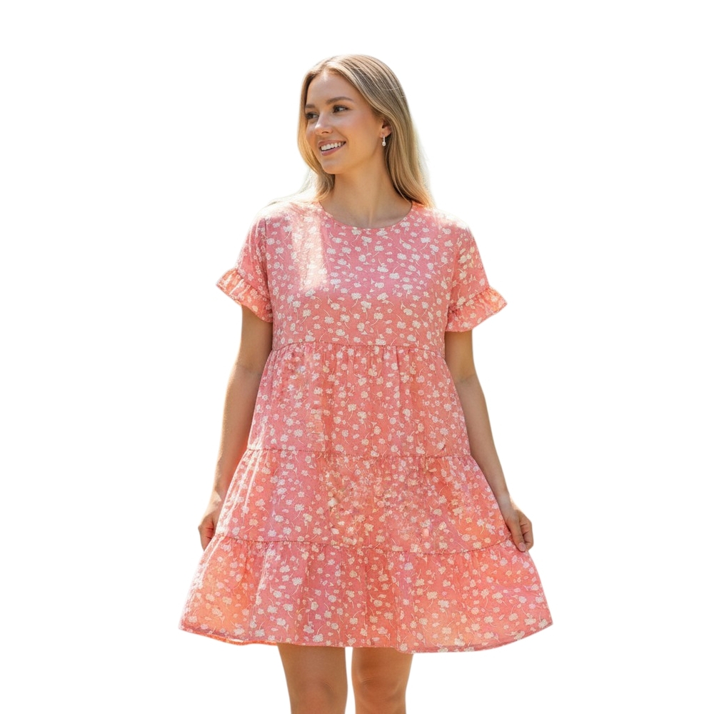 Floral Pink Tiered SunDress Women XL Knee Length Ruffle Sleeve Aline Bright